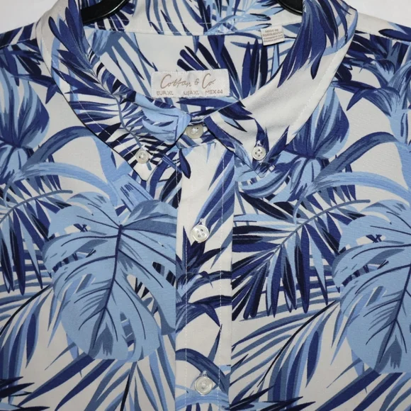 Cotton & Co. Blue Tropical Botanical & Palm Leaf Button Up Shirt. XL. NWOT. - Picture 2 of 13